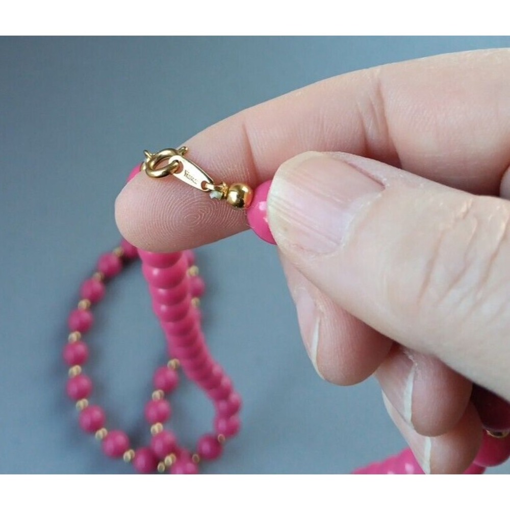 VTG Crown Trifari Beaded Necklace 25" Pink Gold Ball Spacers Signed Barbicore - Picture 2 of 5